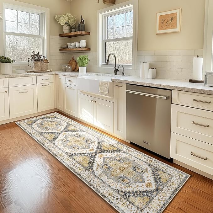Washable 2x8 Area Rugs, Rugs for Living Room, Low-Pile Water&Stain Resistant Carpet Vintage Distressed Printed Non-Slip Carpet for Bedroom Bathroom Kitchen-Grey/Yellow