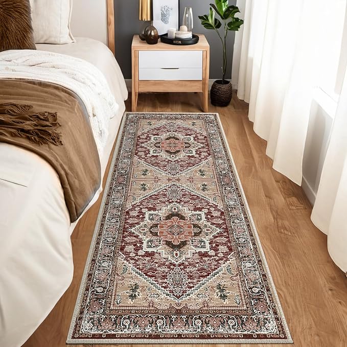 BESTSWEETIE 2x6 Area Rugs for Living Room Washable Non Slip Carpet Low Pile Soft Vintage Print Pattern Rug for Bedroom Dining Room Kitchen Entryway Indoor-Wine/Brown/Brick/Black/Light tan