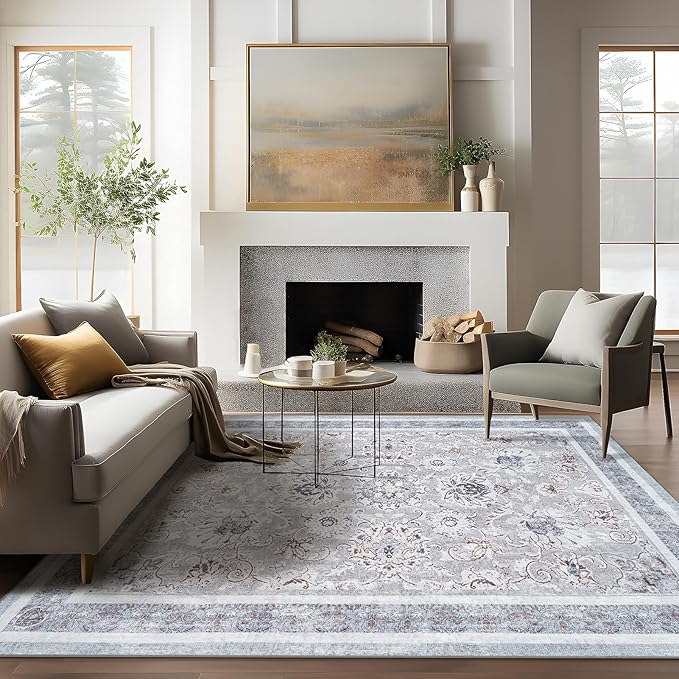 Phantoscope Vintage Collection Area Rug 5'x7' - Washable Rug Boho Rugs Non-Slip for Living Room, Bedroom, Dining Room, Dorm, Indoor Low-Pile Carpet Distressed Accent Rug, Light Grey/Neutral