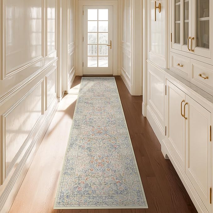 Washable Beige Blue 2x10 Runner Rug for Hallway Kitchen Entryway Laundry Room, Non-Slip Stain Resistant Long Floor Mat, Vintage Floral Aethestic Design (Beige Blue 2x10)