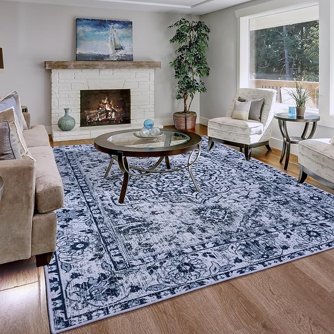 YJ.GWL Large Area Rug for Living Room, 5x8 Machine Washable Boho Rug for Bedroom, Low Pile Lightweight Thin Rugs Floral Vintage Distress Print Pattern Carpet for Dining Room, Blue/White