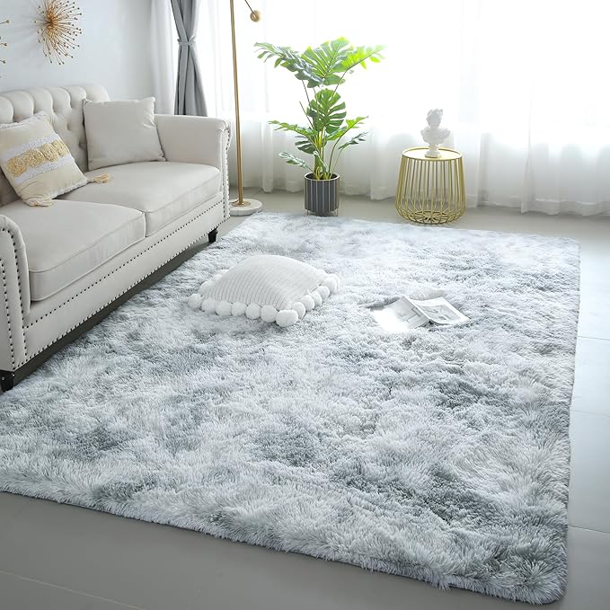 4x6 Light Grey Fluffy Shag Area Rug for Bedroom, Ultra Soft Fuzzy Plush Washable Carpet for Living Room, Modern Cozy Non Skid Furry Shaggy Rug for Kids Baby Boys Nursery Dorm,Tie-Dye Gray