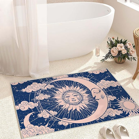 2x3 Entryway Rug Hippie Tarot Celestial Sun and Moon Navy Blue Area Rug Ultra-Thin Soft Small Carpet Bathroom Non Slip Indoor Entrance Low Pile Door Mat Kitchen Stain Resistant Washable Machine