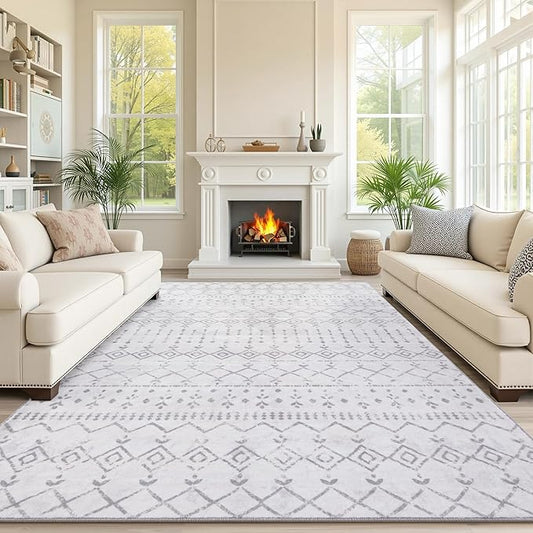 Carvapet Rugs for Living Room Bedroom, Grey Boho Low Pile Large Carpet with Rubber Backing, Foldable, Non Slip Machine Washable (9 x 6 Feet Rectangular, Gray Area Rug)