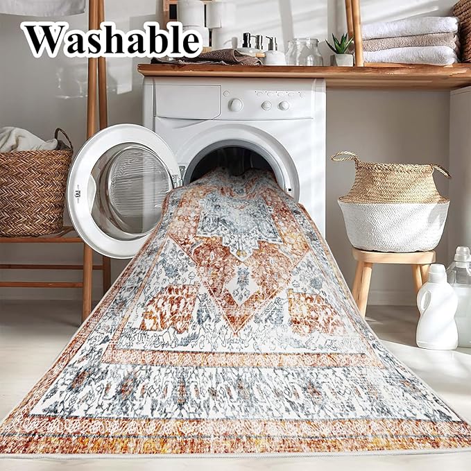 5x7 Washable Area Rug Vintage Traditional Floor Cover Foldable Thin Rug Retro Kitchen Accent Rug Indoor Distressed Non Slip Carpet Floral Print Mat Bedroom Living Room Bathroom