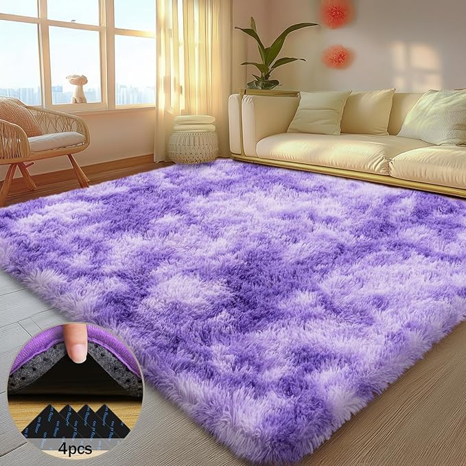 5x7 Rugs for Living Room, Large Fluffy Area Rugs for Bedroom, Soft Carpet Shag Kids Rug with 4 Non-Slip Rug Pads (Purple TieDyed, 5ft x 7ft)