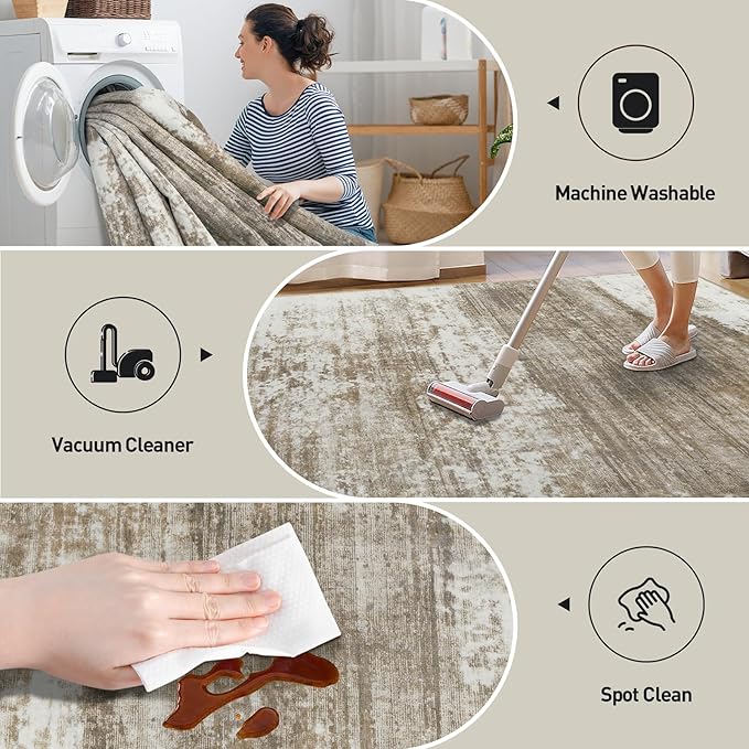 10x14 Area Rugs Washable Rug: Modern Abstract Living Room Rug Soft Anti-Skid Thin Carpet Indoor Floor Non-Shedding Carpets for Bedroom Dining Room Farmhouse Nursery Home Office Brown White