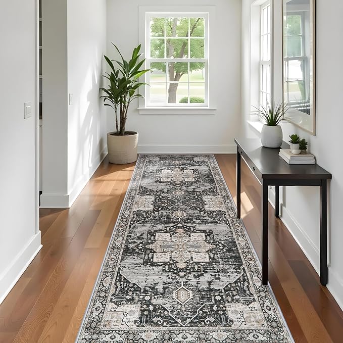 RUUGME Hallway 3x10 Runner Rug - Washable Rugs with Non Slip Backing Ultra Thin Stain Resistant Carpet for Kitchen Living Room Bedroom Vintage Tribal Rugs for Floor Decoration Mat 3x10 Black
