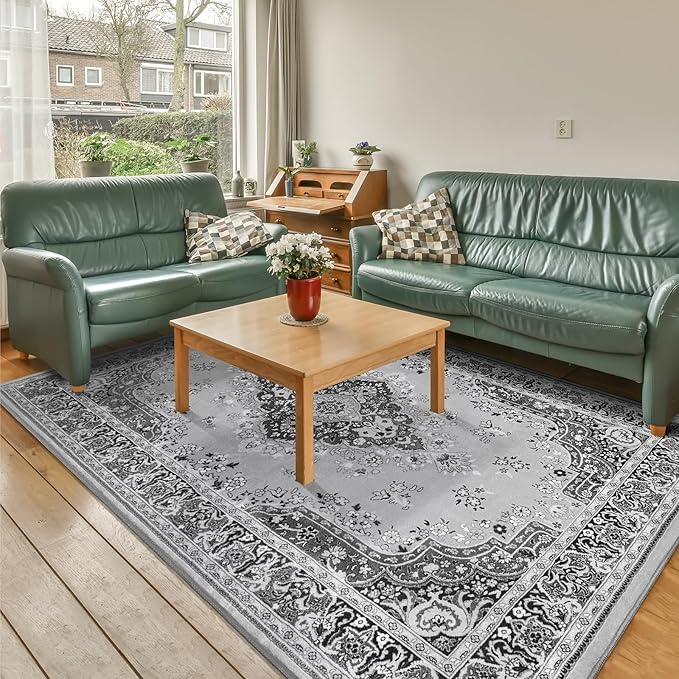 Vintage Area Rug for Living Room, Machine Washable Rug Non Slip Low Pile Large Rug for Living Room, Bedroom, Farmhouse, Dining Room, 9x11 Feet, Grey
