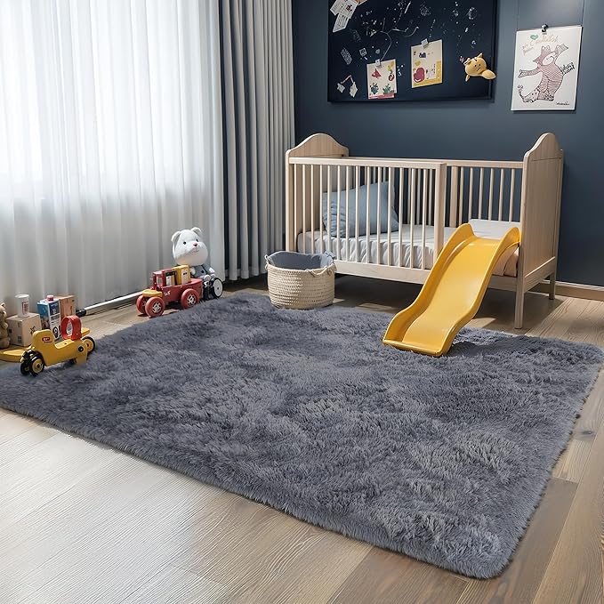 4x6 Grey Fluffy Shag Rug for Bedroom, Soft Plush Fuzzy Washable Non Slip Carpet for Living Room, Gray Modern Floor Cozy Furry Shaggy Throw Area Rugs for Kids Boys Baby Nursery Dorm Room