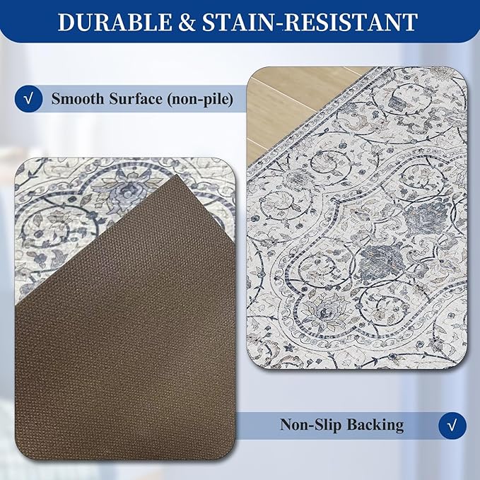 SALLOUS Runner Rug for Hallway, 6x2ft Vinyl Floor Mat for Hallway, Non-Slip Kitchen Mat for Home, Waterproof Area Rug for Bathroom, Entryway (Grayish Blue, Bohemian-Style)