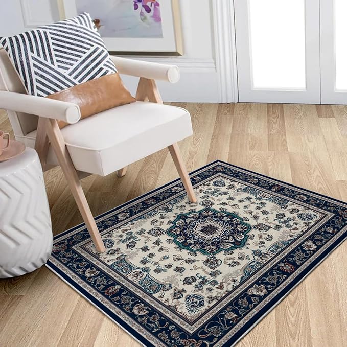 2x3 Boho Rug for Entryway Boho Area Rugs Machine Washable Retro Navy Blue Rug Non Slip Printed Low-Pile Indoor Door Mat Floor Carpet for Kitchen Bathroom Laundry