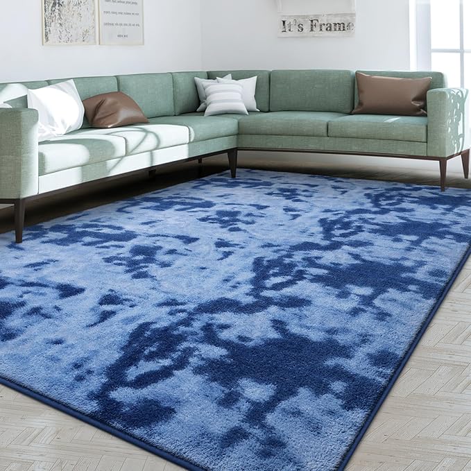 FlyDOIT Large Area Rugs for Living Room Bedroom, 5x8 Ft Tie-Dyed Navy Blue Ultra Soft Comfy Thickened Memory-Foam Indoor Carpets, Cozy Modern Floor Rug for Boys Girls Playroom Dorm Nursery Home Décor