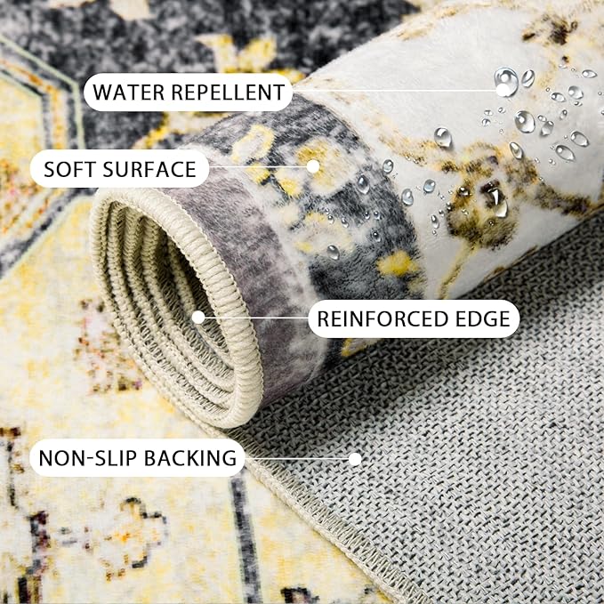 Washable 9x12 Area Rugs, Rugs for Living Room, Low-Pile Water&Stain Resistant Carpet Vintage Distressed Printed Non-Slip Carpet for Bedroom Bathroom Kitchen-Grey Yellow