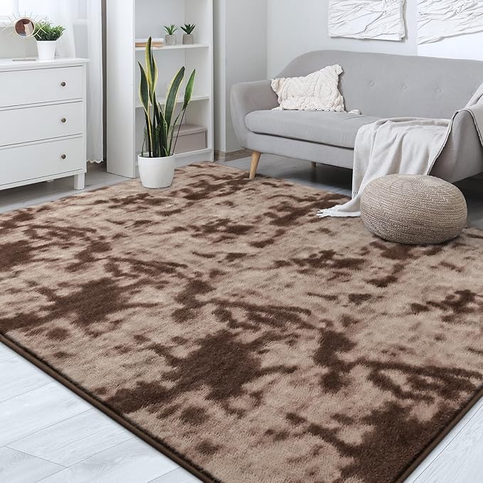 FlyDOIT Large Area Rugs for Living Room Bedroom, 4x6 Ft Tie-Dyed Brown Ultra Soft Comfy Thickened Memory-Foam Indoor Carpets, Cozy Modern Floor Rug for Boys Girls Playroom Dorm Nursery Home Décor