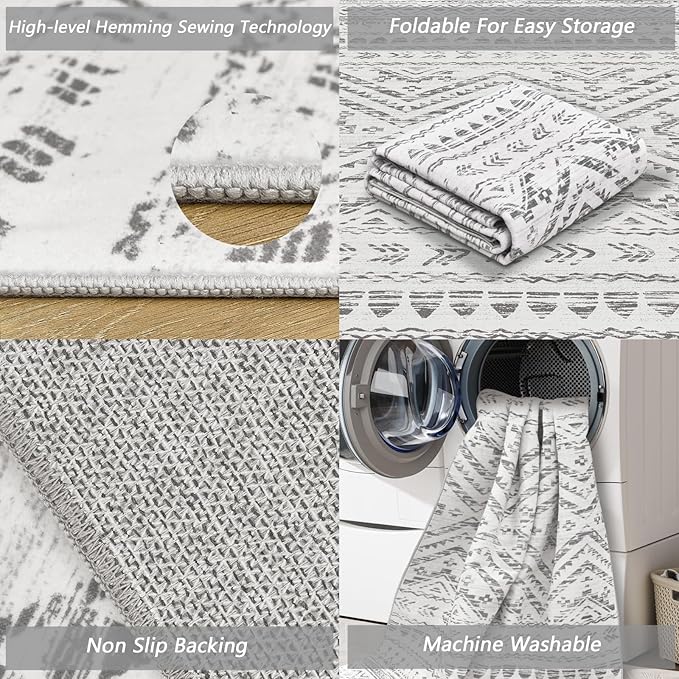 3x5 Area Rugs for Living Room Moroccan Washable Carpet Non-Slip Indoor Area Rugs for Dining Room Bedroom Grey