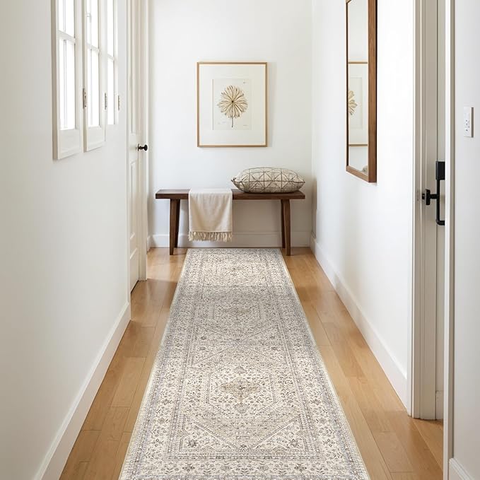 3x10 Runner Rug for Hallway Washable: Non Slip Kitchen Rugs with Rubber Backing Soft Waterproof Mats Stain Resistant Indoor Vintage Carpet Runner for Bedroom Bathroom Laundry Entryway Beige/Gray