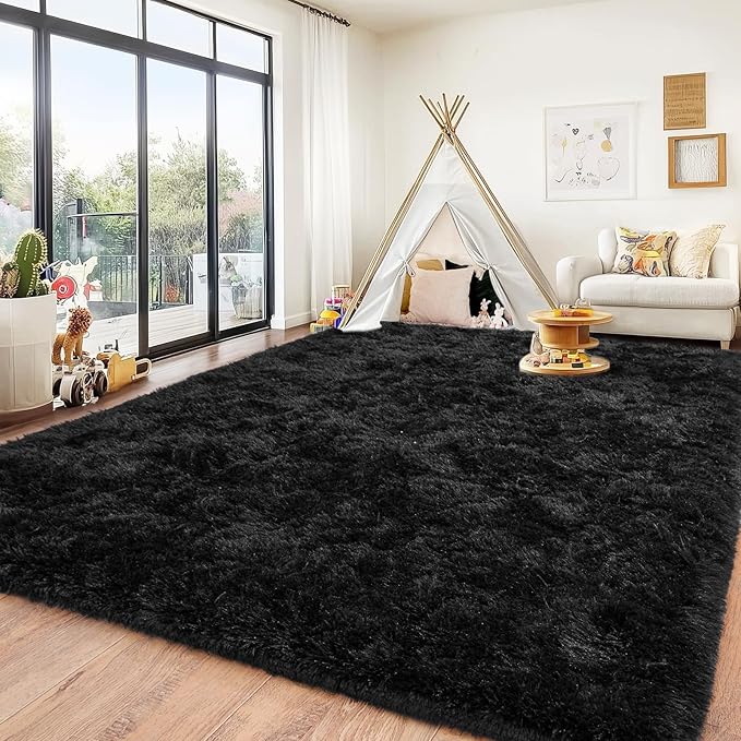 Black Area Rugs 8x10 for Living Room, Large Shag Plush Rug Bedroom Carpet, Non-Slip Modern Fluffy Indoor Floor Rug for Kids Room Dorm Nursery Home Decor Aesthetic