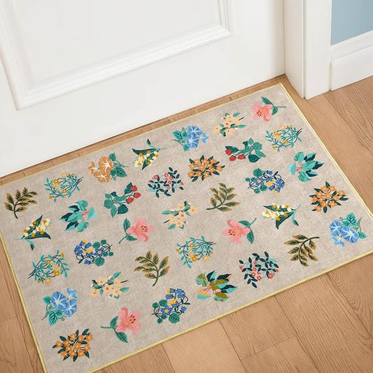 2x3 Floral Rug Soft Non-Slip Machine Washable Small Throw Rug for Entryway Kitchen Bedroom Entrance Indoor Door Mat, Beige Flower Accent Carpet for Girls Room