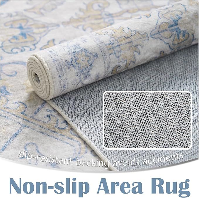 jinchan Runner Rug 2x5 Machine Washable Hallway - Vintage Floral Non-Slip Low-Pile Soft Ultra-Thin Kitchen Rug Distressed Carpet Runner for Farmhouse Bedroom Entryway Laundry Room(2x5ft,Blue)