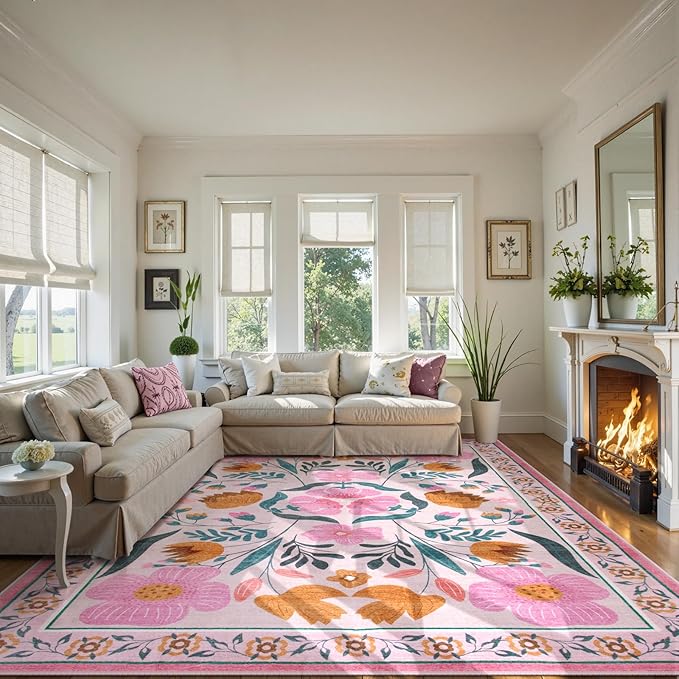 Beeiva Floral Pink Rugs for Living Room 8x10, Soft Washable Area Rugs Ultra Thin with Low Plie, Large Non Slip Throw Carpet for Bedroom Nursery Dining Room (Pink,8'x10)