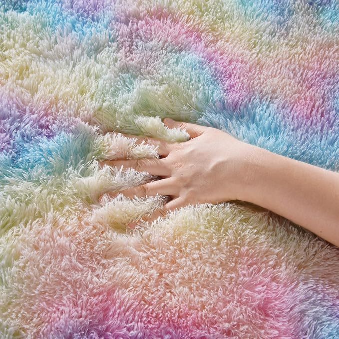 Zentavio Unicorn Rugs for Girls Room 6x9 Area Rugs for Living Room Carpet for Bedroom Washable Soft Fluffy Shag Aesthetic Plush High Pile Throw Rug for Nursery Kids Room Dorm Room Rainbow