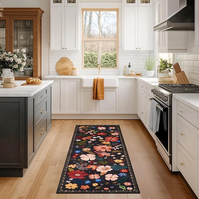 2x6 Rug Runners for Hallways Non Slip Washable Runner Rug with Rubber Backing Sound Absorbing Vintage Boho Floral Low Pile Thin Rug for Kitchen Bedroom Entrance Laundry Bathroom Living Room,Black
