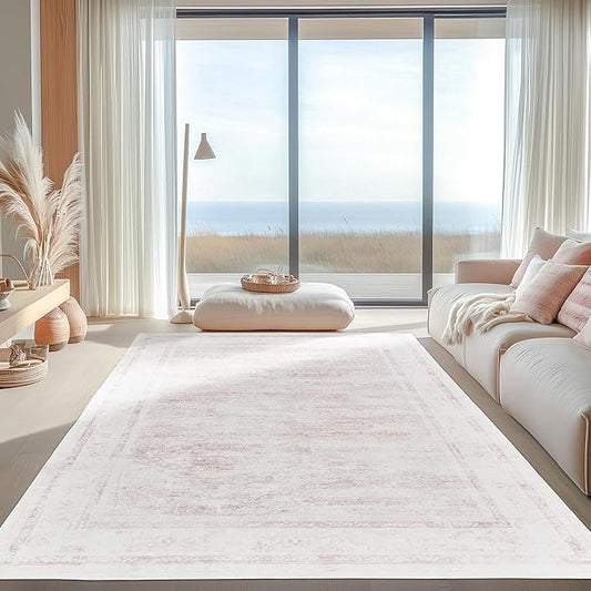 5x7 ft Washable Area Rug, Soft Non-Slip Boho Rug for Bedroom, Living Room, Office, Patio, Kitchen, Entryway – Pink, Indoor/Outdoor, Kids-Friendly