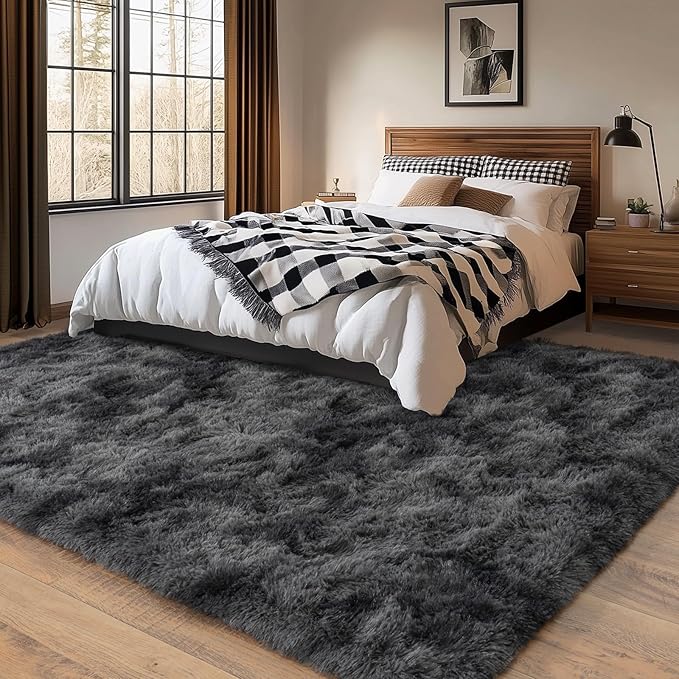 5x7 Shaggy Rugs for Living Room, Tie-Dyed Dark Grey Fluffy Area Rug for Bedroom, Soft Plush Shag Carpet for Kids Room, Indoor Non-Slip Fuzzy Rug