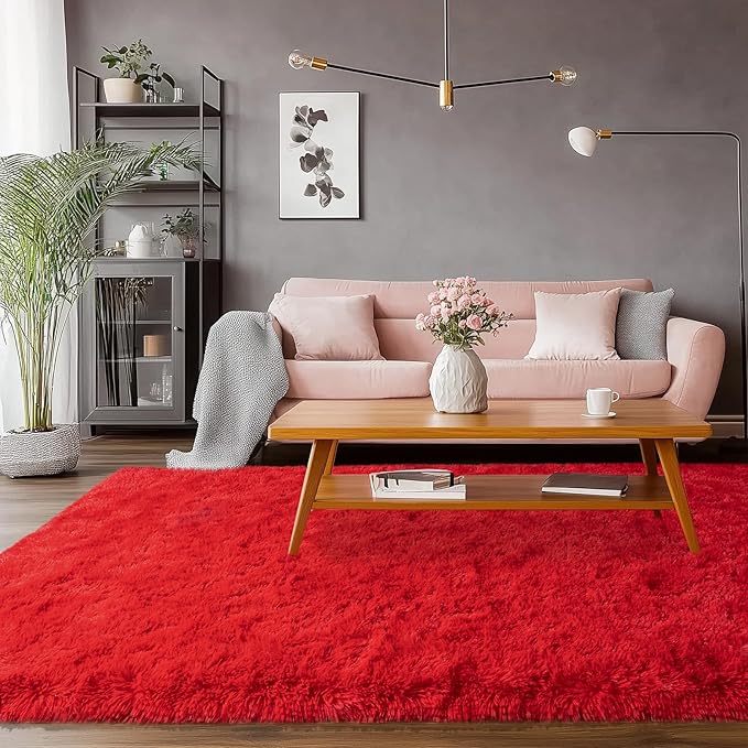 5x7 Red Rugs for Bedroom, Soft Fluffy Shaggy Rug for Living Room, Non-Slip Fuzzy Shag Carpet Rug for Kids Room Home Decor Aesthetic