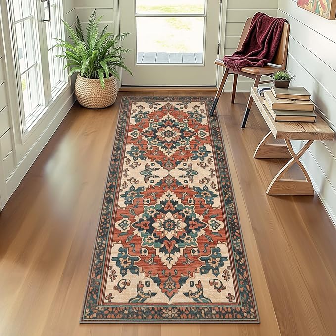 2x6 Machine Washable Non-Slip Rug & Mat - Soft Faux Wool & Polyester, Boho Stain-Resistant Indoor Carpet for Bathroom, Hallway, Kitchen, Entryway, Laundry, Living Room, Low Pile, High Traffic