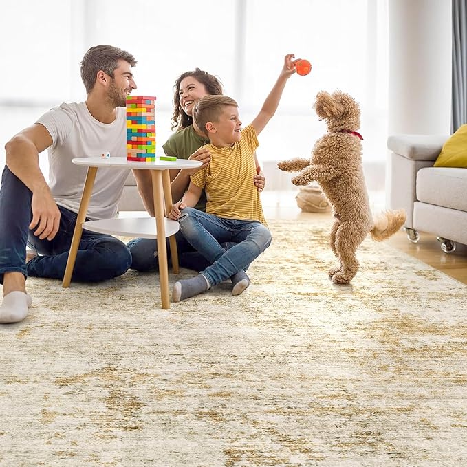 10x12 Area Rug Living Room Rugs - Washable Neutral Modern Abstract Soft Thin Large Rug Indoor Floor No Slip Rug Carpet for Bedroom Under Dining Table Home Office Decor - Golden Brown