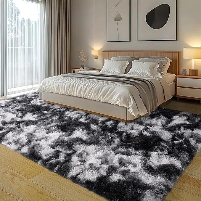 Fluffy Rug for Living Room Shaggy Soft Area Rug High Pile Fuzzy Rug Non-Slip Indoor Floor Carpet Plush Area Rugs for Living Room Tie Dye Black White 6x9