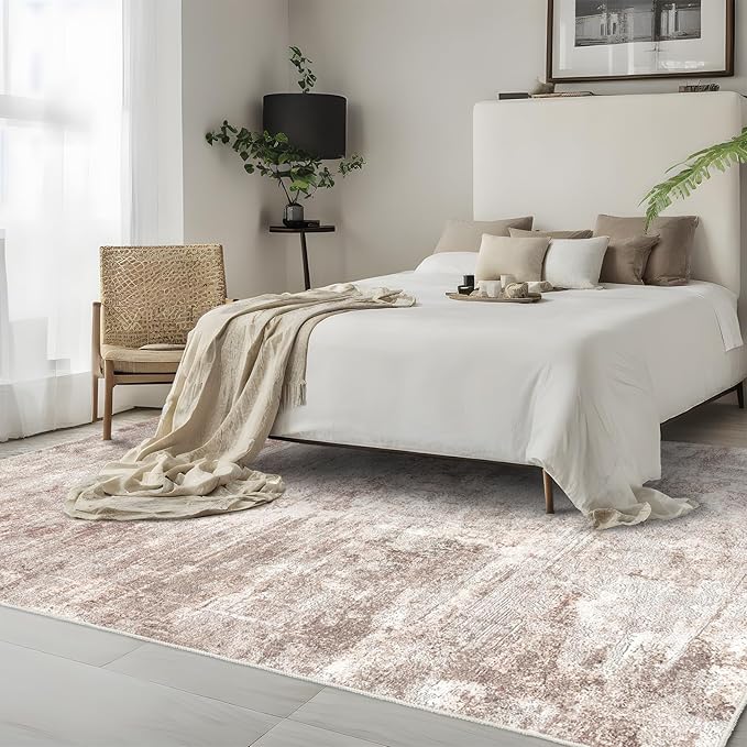 Washable Abstract Area Rug 5X7 - Rugs for Living Room Large Non Slip Indoor Entryway Rubber Backing Carpet Bedroom Kitchen Distressed Stain Resistant Floor Decor Mat Machine Washable 5X7 Brown