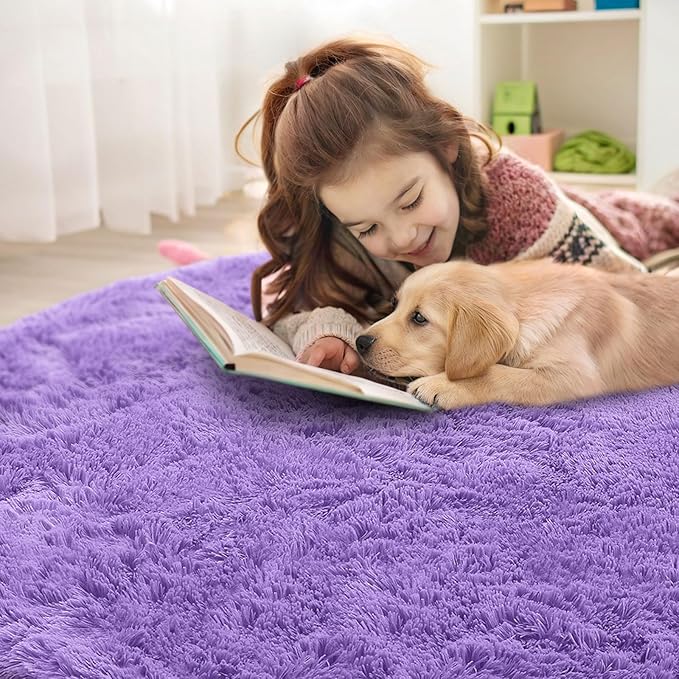 OLANLY Purple Round Rugs for Bedroom - Machine Washable, 6x6 Feet Circle Area Rugs for Living Room, Soft and Fluffy Shaggy Carpet for Teen Girls and Boys, Dorms, Nursery Rooms, Home Decor Aesthetic