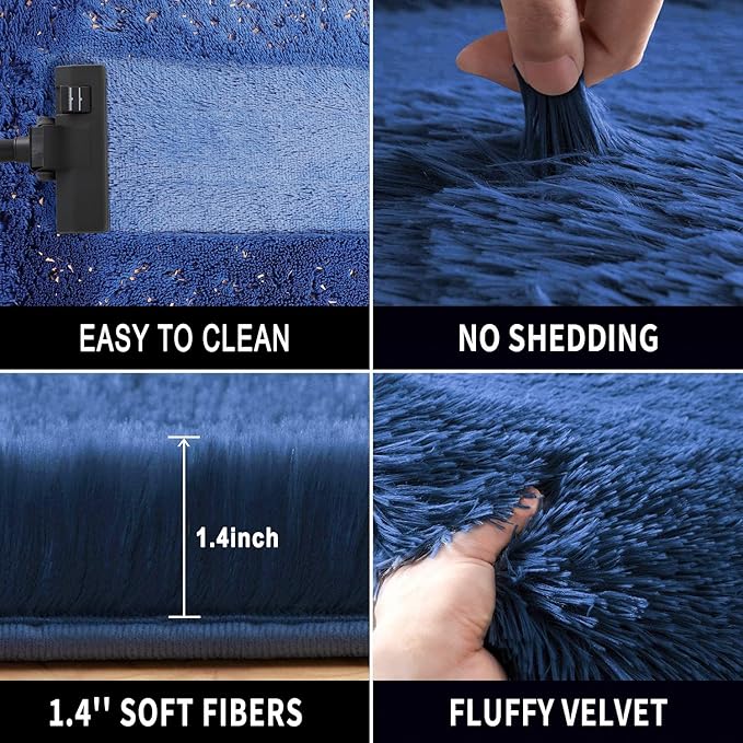 RUGTUDER 5x8 Navy Blue Shag Area Rug for Living Room, Super Soft Shaggy Rugs for Christmas Decor, Boys Playroom, Nursery Room, Upgrade Anti-Skid Plush Indoor Bedroom Floor Carpet