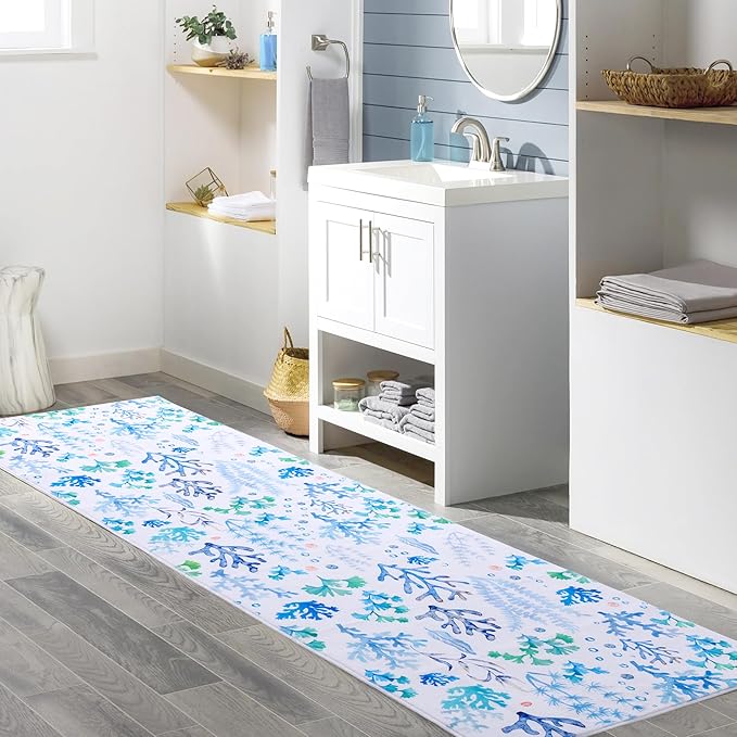 Carvapet Rugs for Hallway Laundry Bedroom, Modern Floral Low Pile Long Carpet with Rubber Backing, Foldable, Non Slip Machine Washable (10 x 3 Feet Rectangular, Blue Coral Runner Rug)