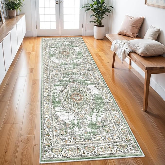 Washable Hallway Runner Rugs 3x8: Soft Ultra Thin Low Pile Carpet Machine Washable Indoor Lightweight Rug Runner Anti Slip Backing Rugs for Living Room Bedroom Kitchen 3'x8' Green
