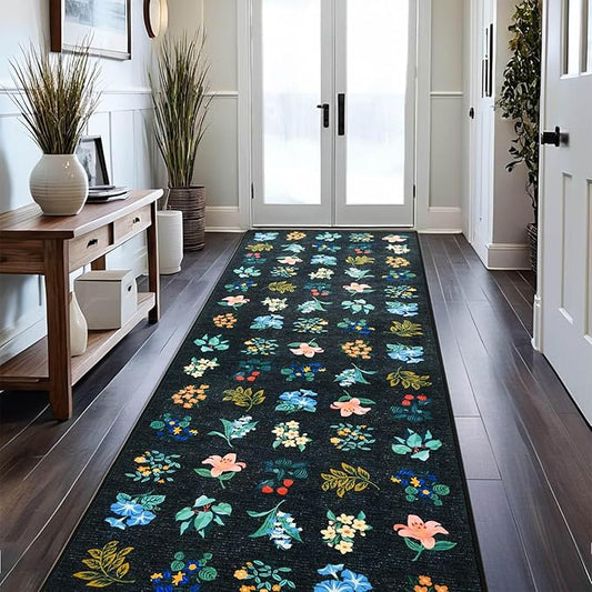 2x6 Floral Runner Rug Soft Non-Slip Machine Washable Kitchen Rug Runners for Hallway Bedroom Laundry Entrance Indoor Carpet, Flower Accent Throw for Girls Room, Navy Blue