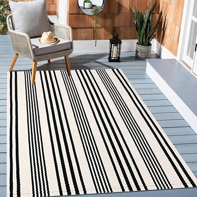 BUAGETUP Black and White Striped Outdoor Patio Rug 4' x 6',Hand Woven Cotton Patio Rug Front Porch Rug Indoor Outdoor Area Rug for Bedroom/Living/Room/Patio
