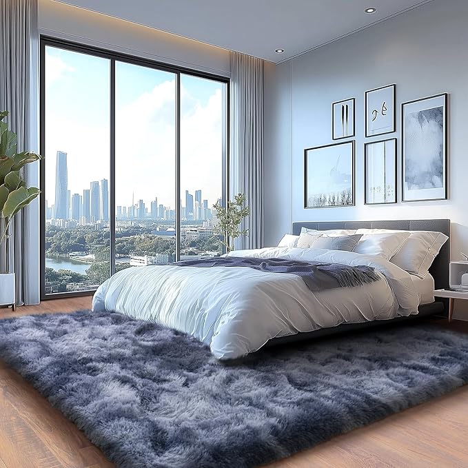 Plush Area Carpet Fluffy Carpet for Living Room Non-Slip Shag Fuzzy for Nursery Tie-Dyed Blue Grey 8x10 Feet