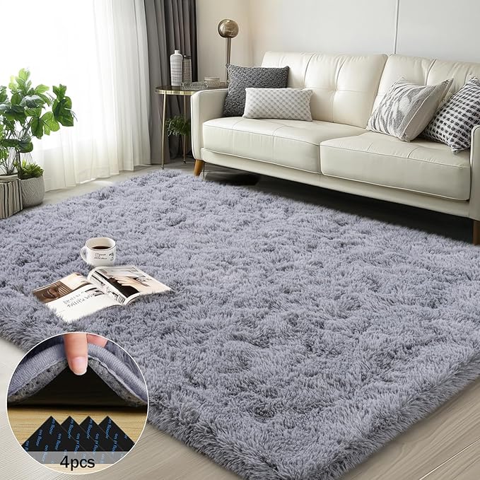 3x5 Rugs for Bedroom, Fluffy Area Rugs for Living Room, Soft Shag Kids Rug Small Carpet with 4 Non-Slip Rug Pads (Light Grey, 3ft x 5ft)
