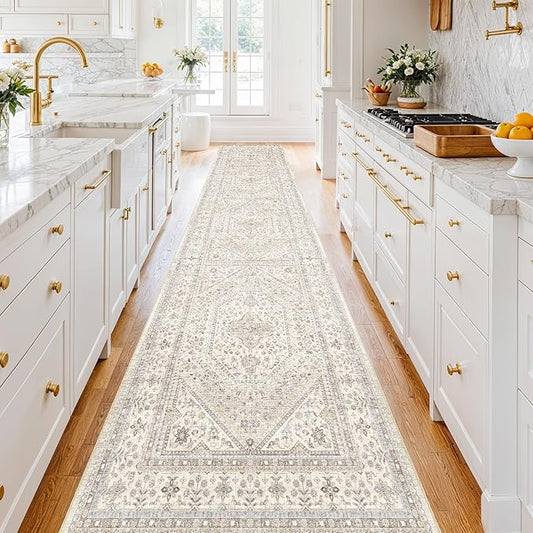 3x16 Runner Rug for Hallway Washable: Non Slip Kitchen Rugs with Rubber Backing Soft Waterproof Mats Stain Resistant Indoor Vintage Carpet Runner for Bedroom Bathroom Laundry Entryway Beige/Gray