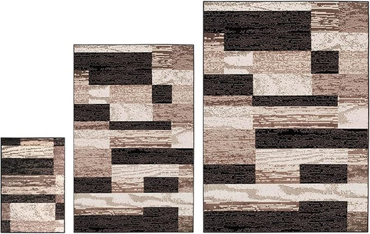 Superior Rockwood 3 Piece Indoor Area Rug Set, Jute Backing, Modern Color Block Decor For Hallway, Entry, Office, Kitchen, Bedroom, Living Room Floor, Plush Rugs, 2' x 3', 5' x 8', 8' x 10', Chocolate