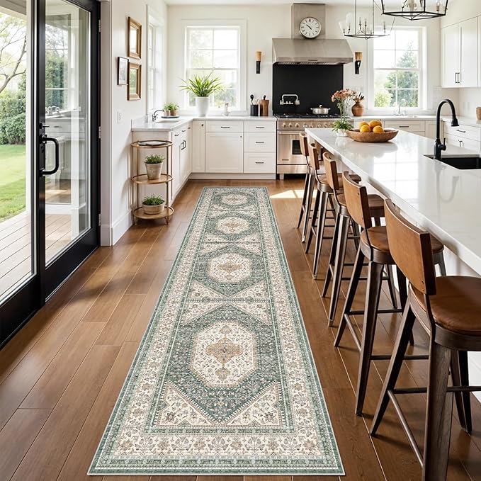 3x12 Runner Rug for Hallway Washable: Non Slip Kitchen Rugs with Rubber Backing Soft Waterproof Mats Stain Resistant Indoor Vintage Carpet Runner for Bedroom Bathroom Laundry Entryway Green/Beige
