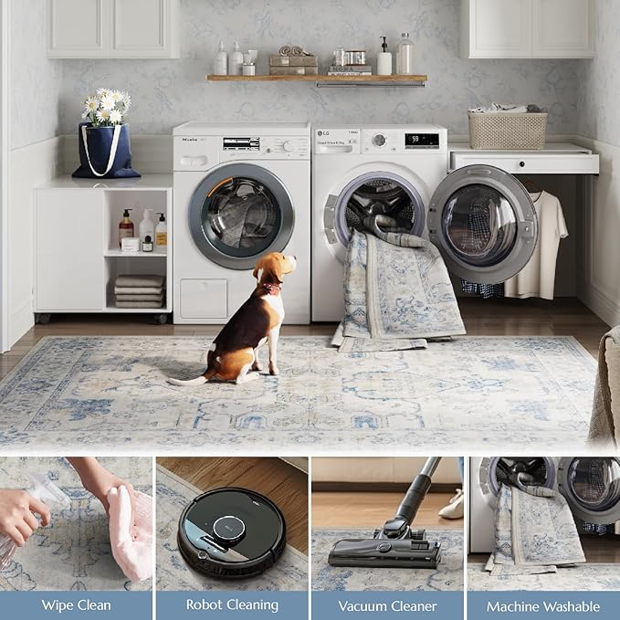 jinchan Runner Rug 2x6 Machine Washable Hallway - Vintage Floral Non-Slip Low-Pile Soft Ultra-Thin Kitchen Rug Distressed Carpet Runner for Farmhouse Bedroom Entryway Laundry Room(2x6ft,Blue)