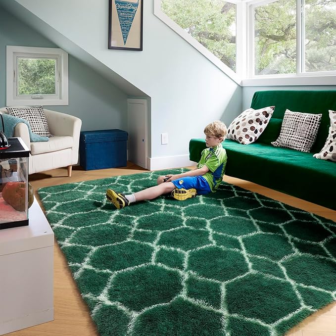 ONASAR Area Rugs 4x6 for Bedroom Living Room, Fluffy Geometric Moroccan Dark Green and White Trellis Rug for Home Decor, Soft Shaggy Plush Floor Carpet for Kids Teen Nursery Dorm Office