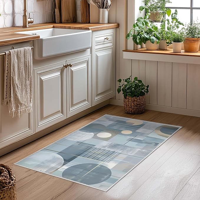 2x3 Entryway Rug Abstract Minimalist Circle Blue Small Area Rug Thin Carpet Bathroom Non Slip Indoor Entrance Low Pile Door Mat Kitchen Stain Resistant Washable Machine