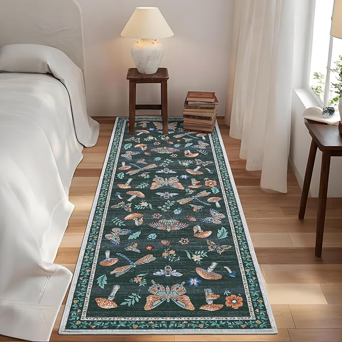 2.5x10 Runner Rug for Hallway Washable Kitchen Rugs Non Slip with Rubber Back Mushroom Soft Low-Pile Stain Resistant Foldable Indoor Carpet for Entryway Laundry Room Floor Mats Black