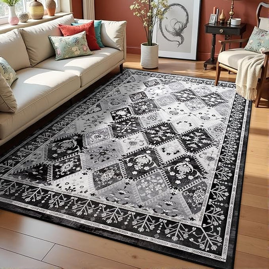 4x6 Washable Area Rug for Bedroom, Black/Grey Boho Non-Slip Living Room Rugs, Moroccan Floral Trellis Carpet Soft Low Pile Accent Indoor Mat for Bedside Kitchen Laundry Room
